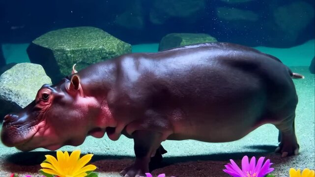 A hippo swimming underwater
