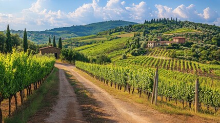 Fototapeta premium A drive through the scenic wine country of Tuscany, with rolling vineyards, cypress-lined roads, and charming hilltop villages. The warm sun and endless views make for a picturesque journey