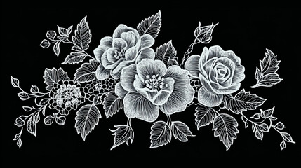 A design featuring white lace with traditional folk floral embroidery on a black background. The illustration includes a bouquet of roses and dog roses, ideal for printing on clothing, presented as a 