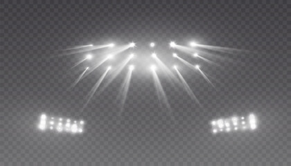 Stage and stadium lighting with bright LED strobe lights. Laser light show. Empty stage before the performance. Spotlights on a transparent background. © Valeriia