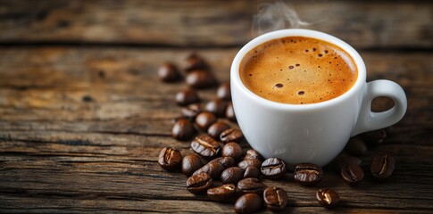 A steaming cup of espresso surrounded by coffee beans on a rustic wooden table.