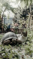 Obraz premium Cat and Tortoise Relaxing on Garden Path