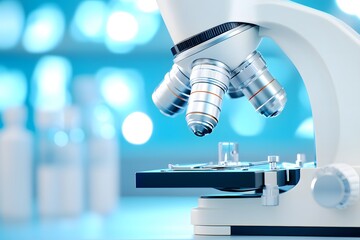 Close-up of an advanced microscope in use, highlighting the precision and technology behind medical research. In the background is a blurred laboratory with a blue color theme