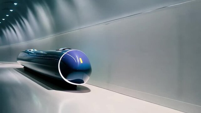 A hyperloop pod racing silently through a vacuum tube at lightning speed, with no human presence, showcasing the future of transportation.
