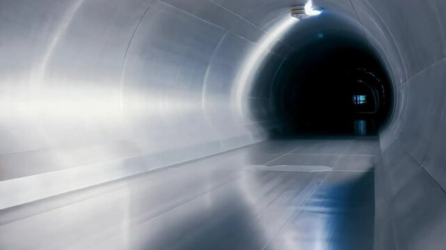 A hyperloop pod racing silently through a vacuum tube at lightning speed, with no human presence, showcasing the future of transportation.
