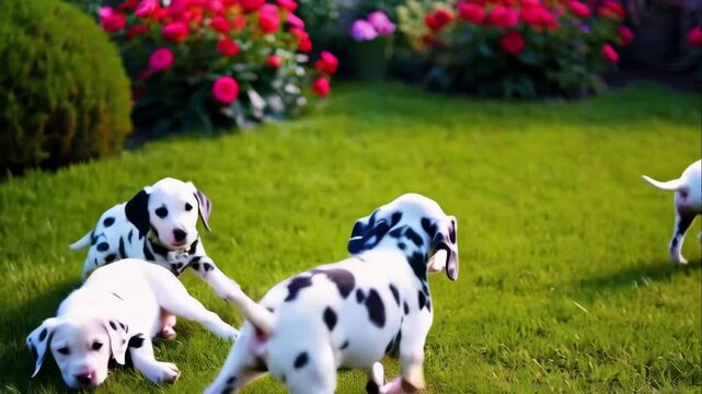 Dalmatian puppies playing in the garden