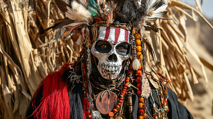 A classic witch doctor costume with traditional attire and accessories for Halloween.A classic witch doctor costume with traditional attire and accessories for Halloween.