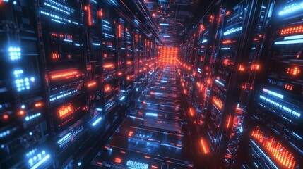 Obraz premium A futuristic data center filled with rows of servers and glowing LEDs. The hum of machines processing vast amounts of data fills the air, while cables and cooling systems maintain efficiency.
