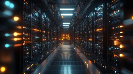 Obraz premium A futuristic data center filled with rows of servers and glowing LEDs. The hum of machines processing vast amounts of data fills the air, while cables and cooling systems maintain efficiency.