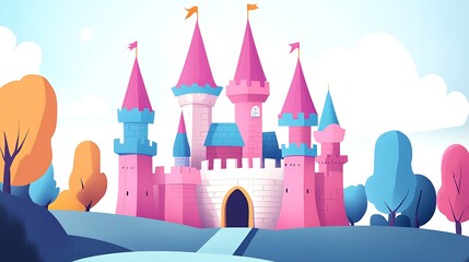 Cartoon Pink Castle with Blue Towers and Orange Flags.