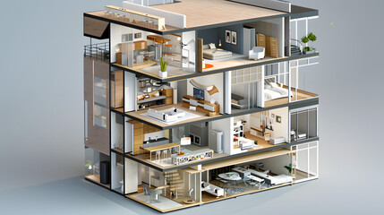 Isometric Cutaway of Urban Apartment: An isometric view of a multi-story apartment building, with one section cut open to reveal room layouts