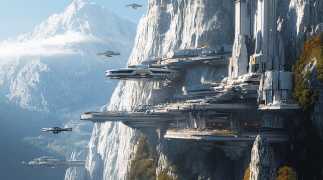 A futuristic city built into the side of a mountain, with sleek, silver buildings cascading down the slopes. A network of flying vehicles and monorails connects the different levels