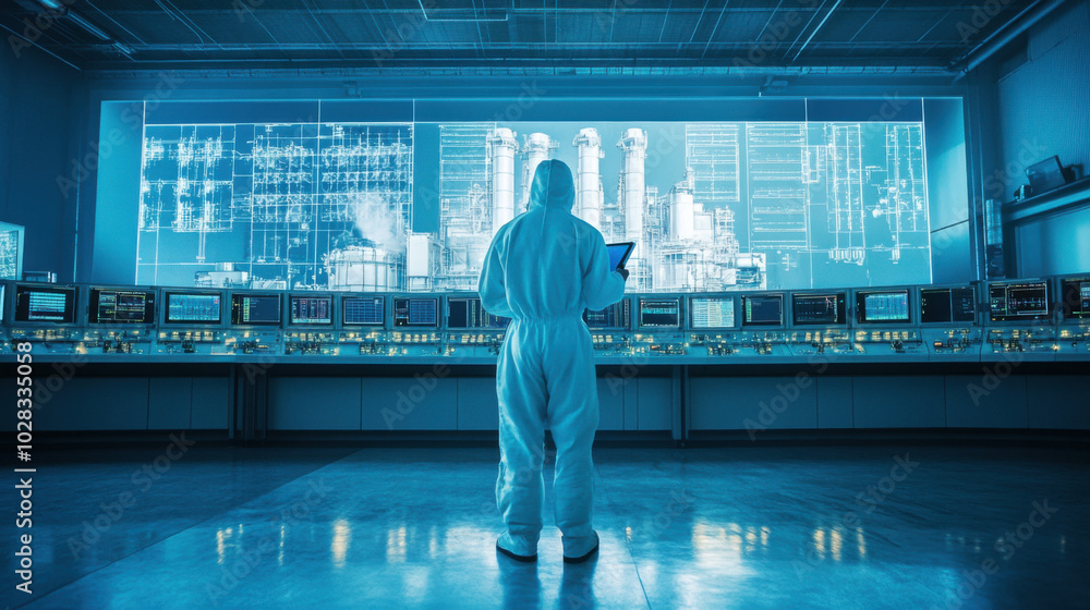 Poster nuclear engineer in radiation suit stands in control room, analyzing data on large screen displaying