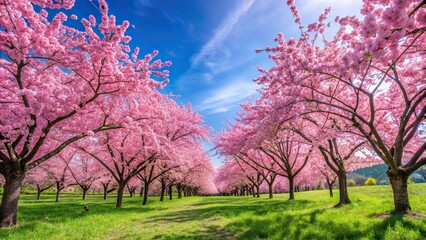 Fototapeta premium A stunning field of pink cherry blossoms blooming against a vibrant blue sky