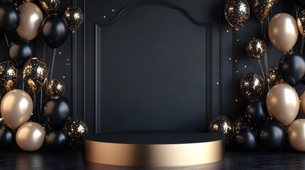 Black Friday banner background template featuring a podium and balloons in a dark setting, designed for an elegant 3D product display.



