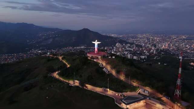 Aerial night shot of Cristo Rey, Cali, Colombia