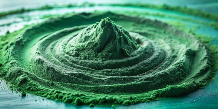 A textured swirl of verdant powder creates a miniature mountain landscape, highlighting the natural vibrancy of this superfood ingredient.