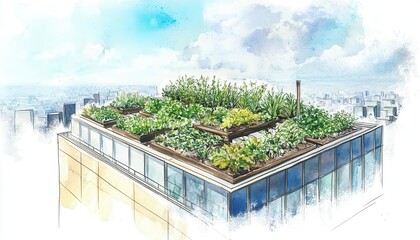 Rooftop garden on modern urban building.