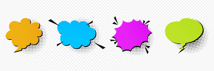 Cartoon comic blank speech bubbles on halftone background in retro pop art style. Collection of dialog and communication speech texts or isolated speech bubbles.clip art speech bubble colorful collect