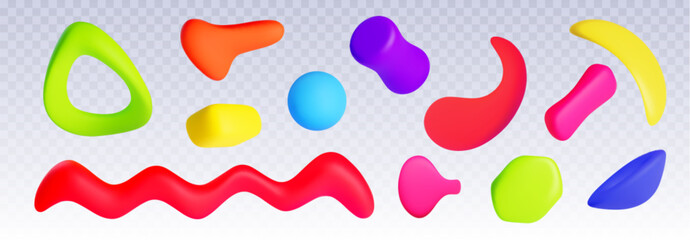 Abstract bright colorful plasticine clay shape. Realistic 3d vector illustration set of cute childish liquid doodle elements for y2k aesthetic design. Trendy geometric fluid balloon decoration.