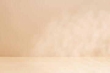 Template with empty table and wall with natural shadow and sunny glare