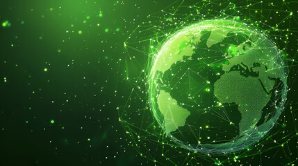 Fototapeta premium Planet map. Global social network. The future. Vector. Green futuristic backdrop with Earth. Technology and the internet. Floating green plexus geometric pattern.