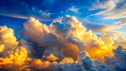 A symphony of clouds, painted in golden hues, dance across a canvas of cerulean blue, illuminated by the ethereal glow of the setting sun.