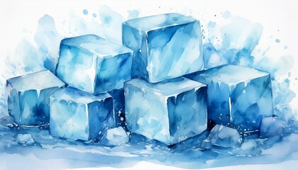 Obraz premium A cluster of ice cubes scattered loosely, some melting with tiny water puddles, painted in p