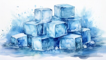 Obraz premium A cluster of ice cubes scattered loosely, some melting with tiny water puddles, painted in p