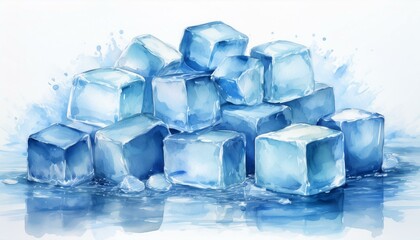 Obraz premium A cluster of ice cubes scattered loosely, some melting with tiny water puddles, painted in p 