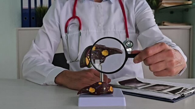 Anatomical liver with gall bladder and pancreas and magnifying glass in hands of a doctor. Doctor with magnifying glass and diagnostics liver disease