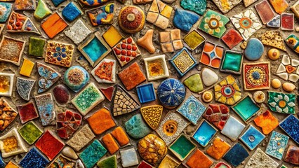 Fototapeta premium A Vibrant Tapestry of Colors and Shapes, Composed of Ceramic Tiles in Various Geometric Forms and Artistic Patterns, Creates a Striking Visual Symphony on a Rough Textured Surface.