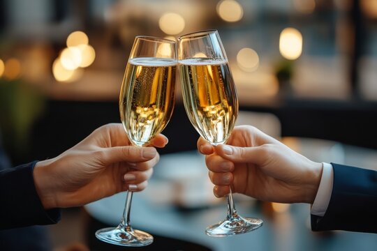 Colleagues Clink Champagne Glasses to Celebrate a Successful Business Achievement