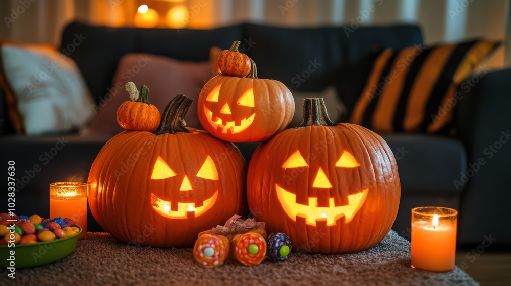 Wall mural create an illustration of halloween pumpkins placed on a table in a dark living room. the pumpkins s