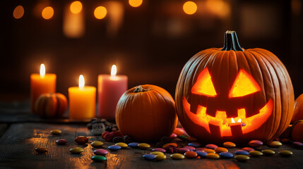 Create an illustration of Halloween pumpkins placed on a table in a dark living room. The pumpkins should be surrounded by candies and lit candles, casting a warm glow and enhancing the spooky ambianc