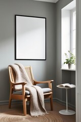 Scandinavian reading nook interior design with poster frame