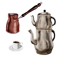 Set of Turkish dishes. Samovar, coffee pot and cup and saucer. Porcelain coffee cup. Metal utensils. Set for tea and coffee. Watercolor illustration