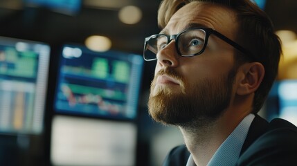 Worried man looking at his screen in his stock exchange office. black monday concept, fall in values