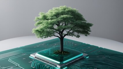 Green Tree Growing on a Futuristic Circuit Board.