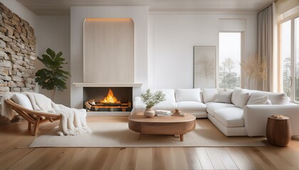 A Scandinavian-inspired living room with a white corner sofa facing a fireplace, accented by
