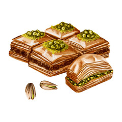 A set of different types of baklava. Turkish delicacy. Sweet dessert.Honey sweets with pistachios.Natural colors. Watercolor illustration. No background