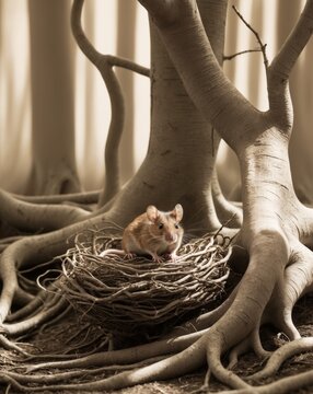 Mouse in Forest Nest with Roots and Shadows.
