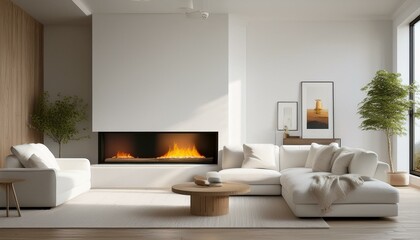 A soft white corner sofa in a modern Scandinavian living room, with an open fireplace to one