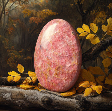a disk shaped thulite stone against a fallen branch, surrounded by yellow leaves and foliage