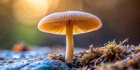 A delicate mushroom with a golden cap and a slender stalk stands tall against a backdrop of soft, blurred sunlight, its gills visible beneath the cap, revealing intricate details of its structure.