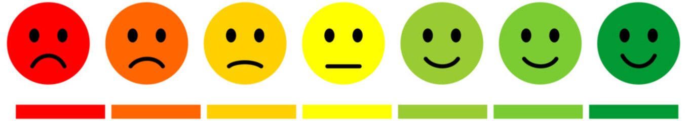 Feedback emoji icons vector. good and bad emoticon signs - Happy and Sad reaction. 5 Color faces, Smiley rating icon set , happy, neutral, sad, emojis. Vector illustration.