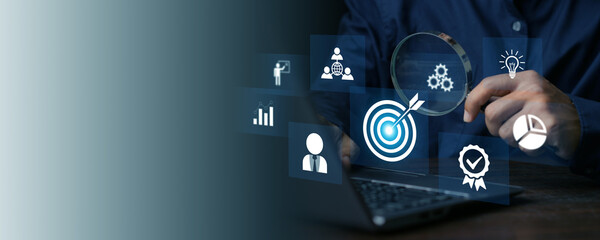 White dartboard and White arrow connection linkage with human icon for customer focus target group and customer relation management concept.