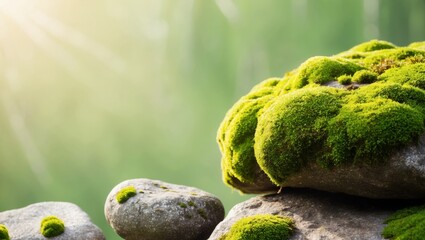 Green Moss on Rocks with Sunlight and Green Background.