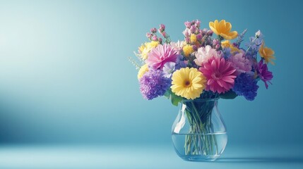 Fototapeta premium A vibrant bouquet of mixed flowers in a glass vase, placed against a simple, minimalist background, ideal for lifestyle and decor images