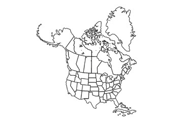 South and North America on the white background. World map illustration with the American continents.line art vector illustration, line drawing map.